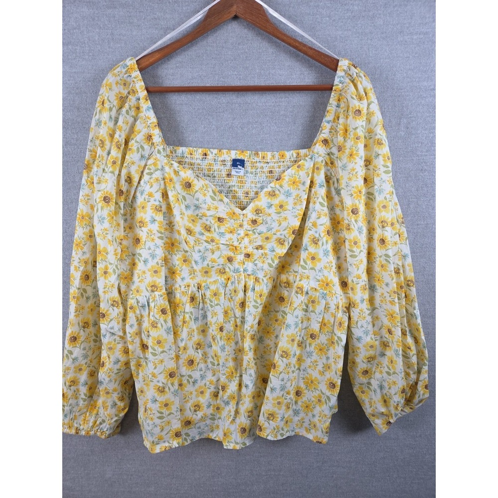 Old‎ Navy Yellow Sunflower XL Top Milkmaid Square Neck Ruched Cottagecore NEW
